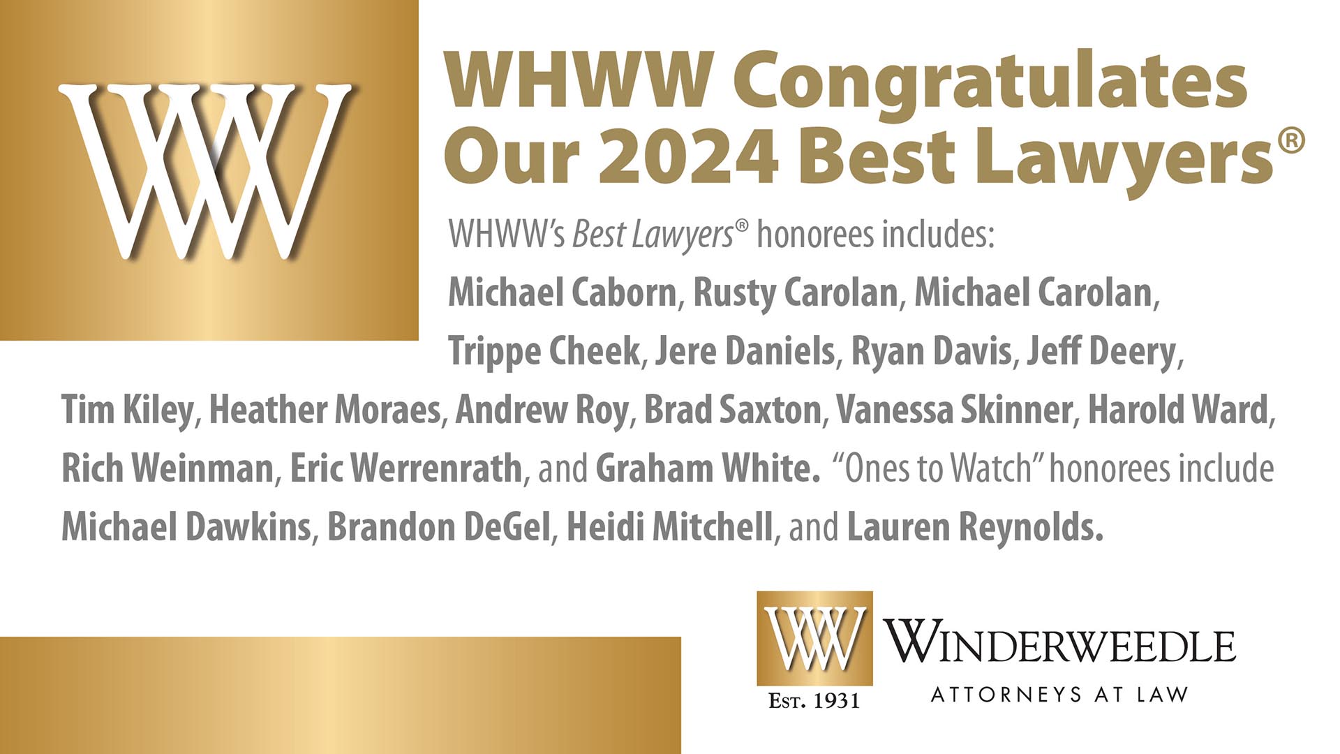 Sixteen from WHWW Named 2024 Best Lawyers in America©, Four Named “Ones to Watch”