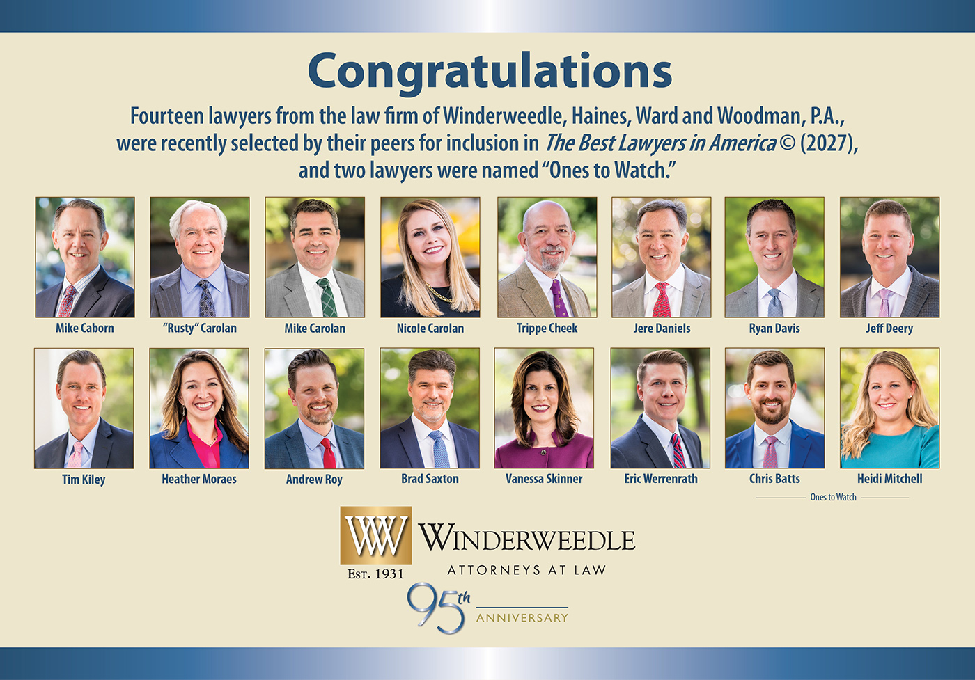 Fourteen from Winderweedle Named 2027 Best Lawyers in America©,
Two Named “Ones to Watch”, and Four Named “Lawyers of the Year”